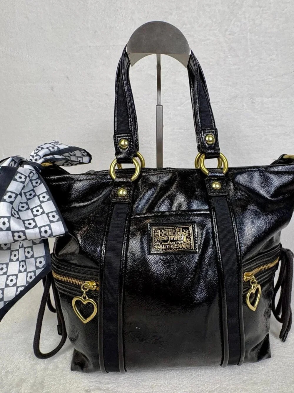 Coach Y2K Poppy Daisy Liquid Gloss Tote in Black Patent Leather with Scarf